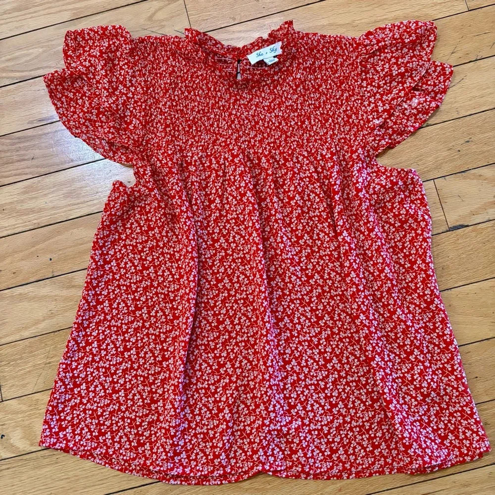She + Sky Red Floral Smocked Bodice Dress - Picture 1 of 6